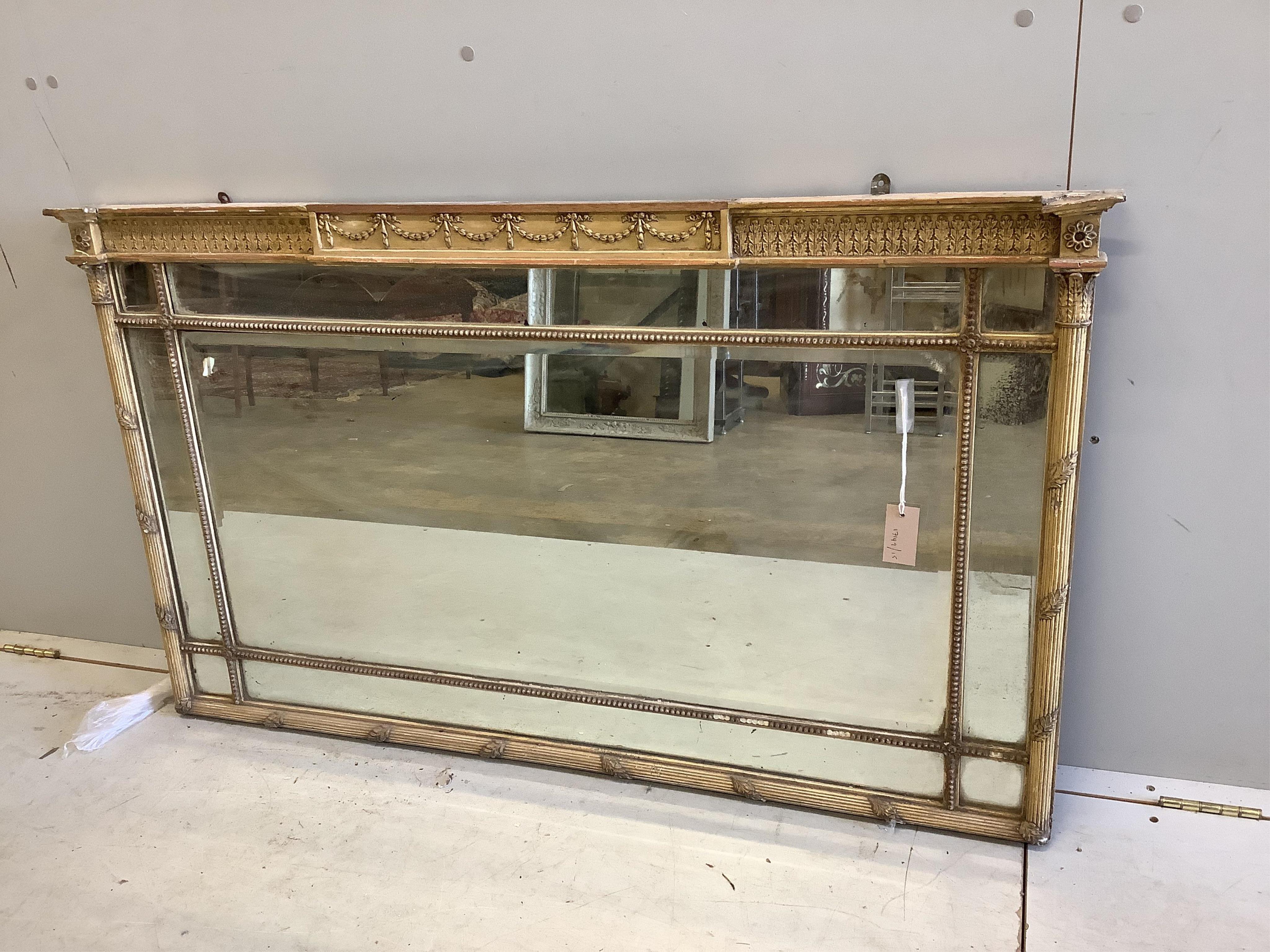 A Regency giltwood and composition overmantel mirror, width 126cm, height 75cm. Condition - poor, in need of restoration